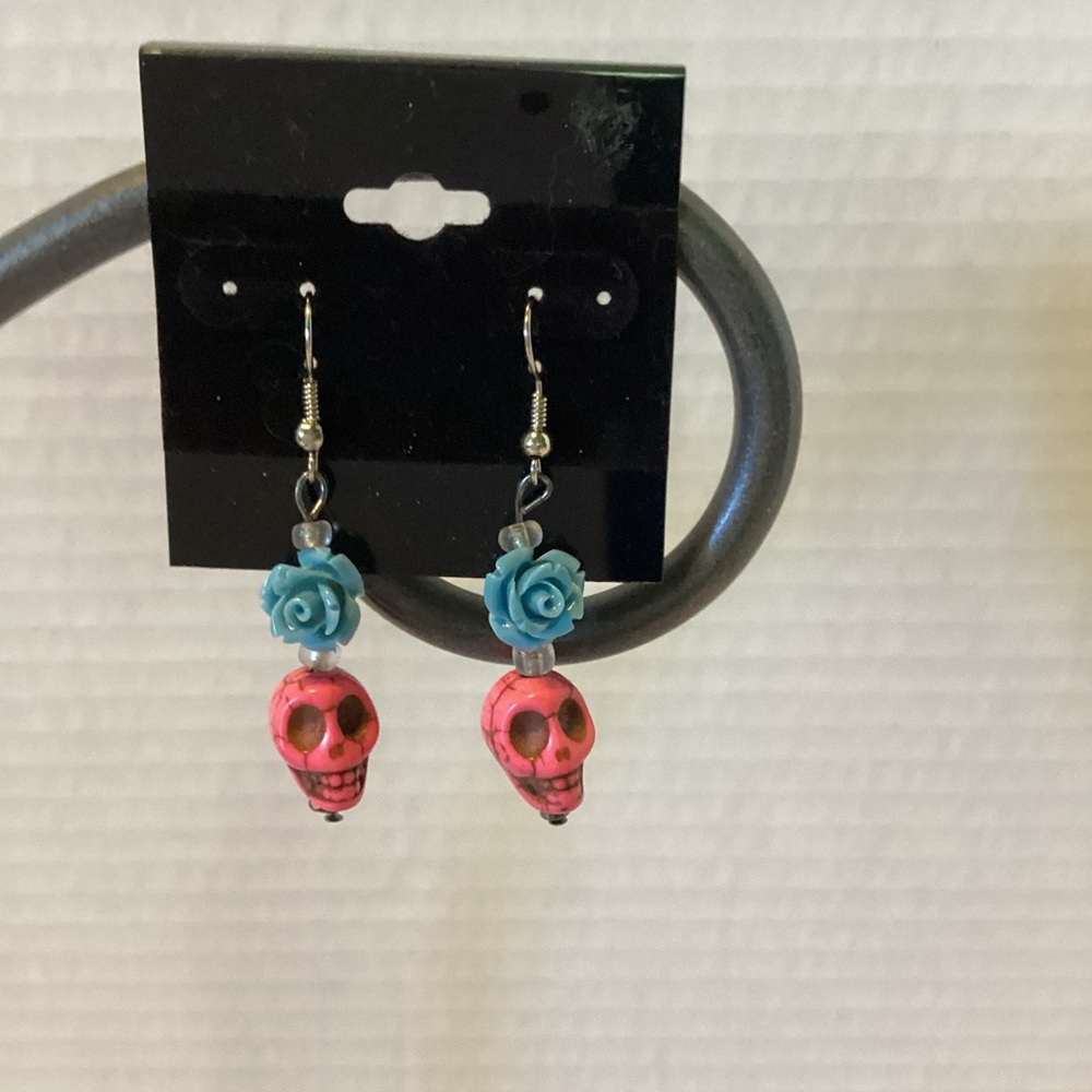 Skull Earrings Dangle Drop Earrings Pink Skull w/ Blues Roses Silver Hardware